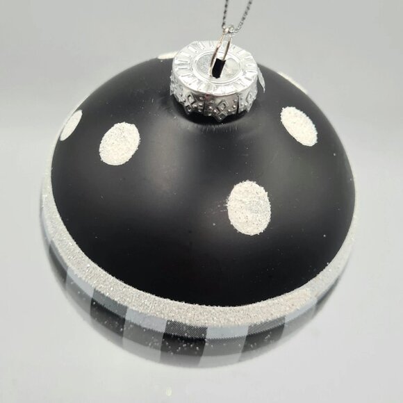 Black White Plaid Finial Ball Large Glitter Glass Ornament 4.5" Set 2 - Picture 3 of 5